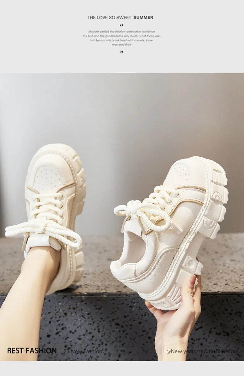 Beige women's leather muffin bottom platform casual shoes with a 4.5cm sole on a neutral background.