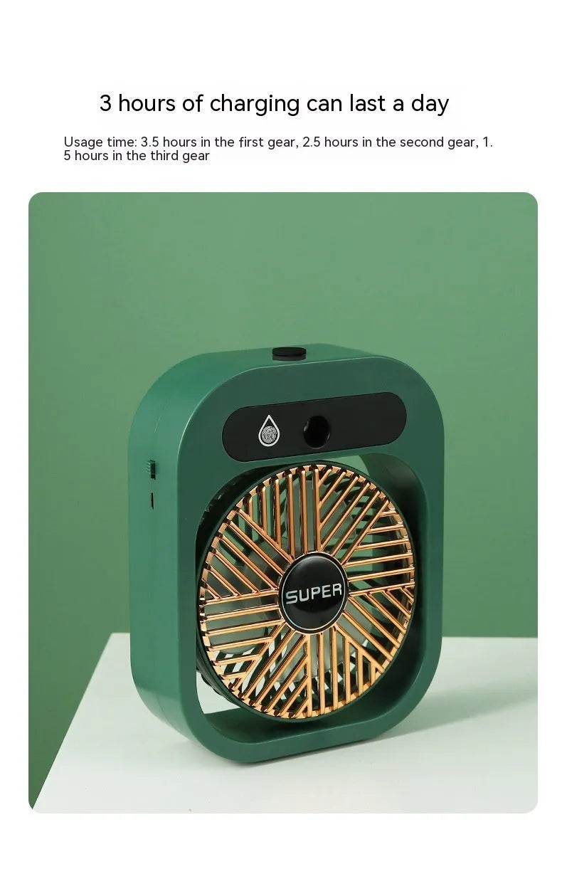 Green and white USB rechargeable misting fan humidifier with adjustable head on a desk