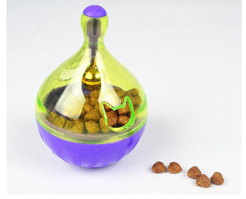 Pet tumbler toy food feeder for dogs and cats with built-in bell, blue large 13.5cm and purple small 8.5cm