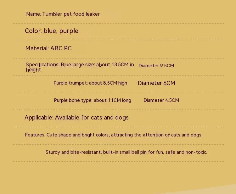 Pet tumbler toy food feeder for dogs and cats with built-in bell, blue large 13.5cm and purple small 8.5cm