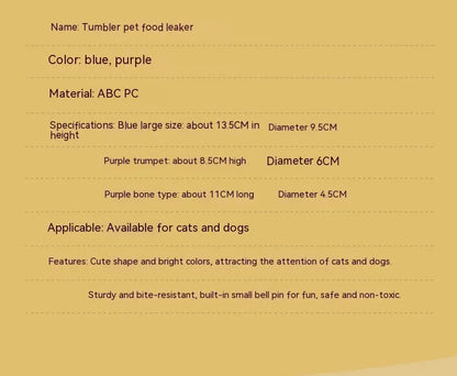 Pet tumbler toy food feeder for dogs and cats with built-in bell, blue large 13.5cm and purple small 8.5cm