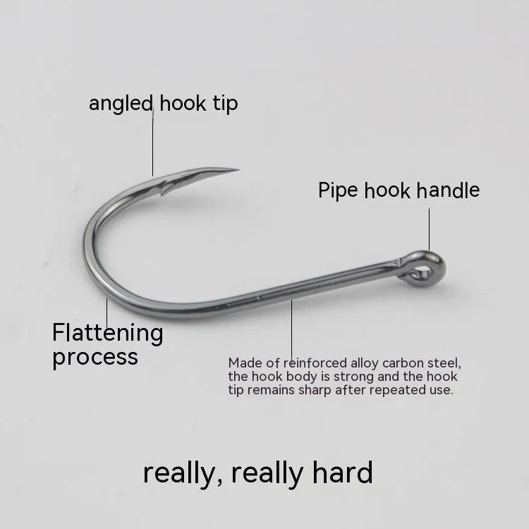 Bulk pack of barbed fishing hooks in various sizes on a blue background, showing crooked mouth and hole ring design.