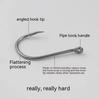 Bulk pack of barbed fishing hooks in various sizes on a blue background, showing crooked mouth and hole ring design.
