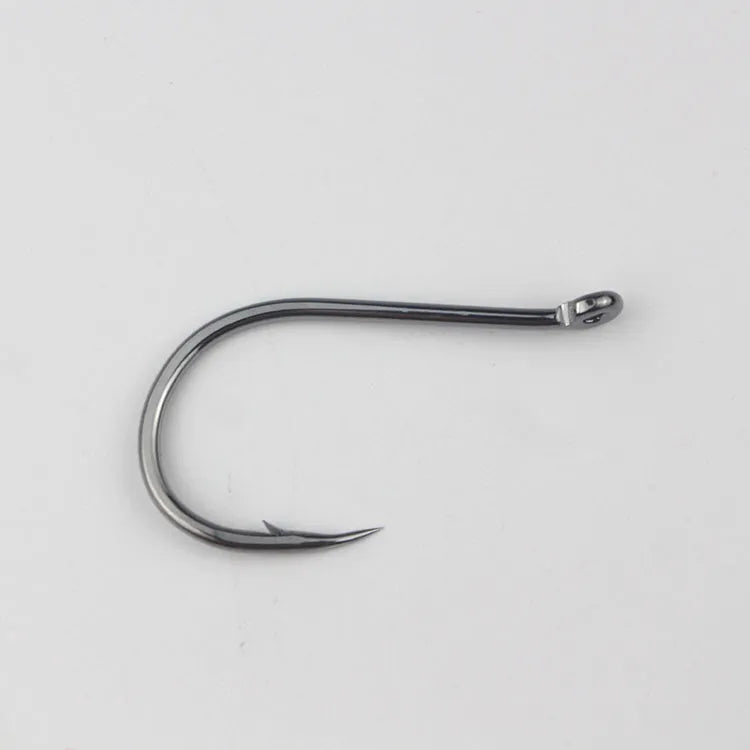 Bulk pack of barbed fishing hooks in various sizes on a blue background, showing crooked mouth and hole ring design.