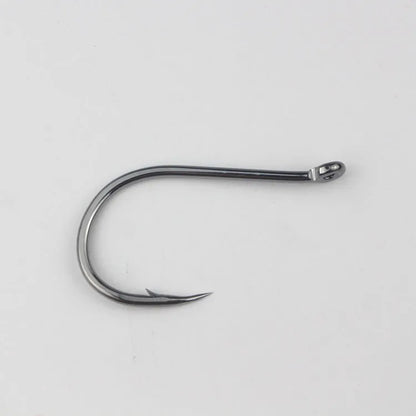 Bulk pack of barbed fishing hooks in various sizes on a blue background, showing crooked mouth and hole ring design.