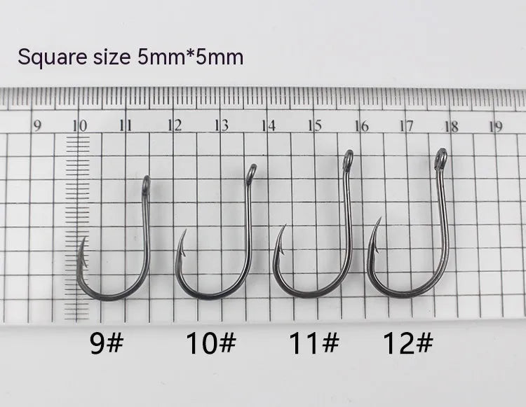 Bulk pack of barbed fishing hooks in various sizes on a blue background, showing crooked mouth and hole ring design.