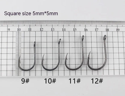 Bulk pack of barbed fishing hooks in various sizes on a blue background, showing crooked mouth and hole ring design.