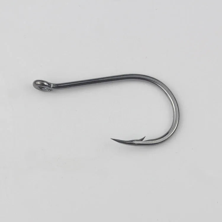 Bulk pack of barbed fishing hooks in various sizes on a blue background, showing crooked mouth and hole ring design.