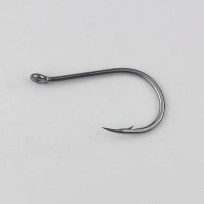 Bulk pack of barbed fishing hooks in various sizes on a blue background, showing crooked mouth and hole ring design.
