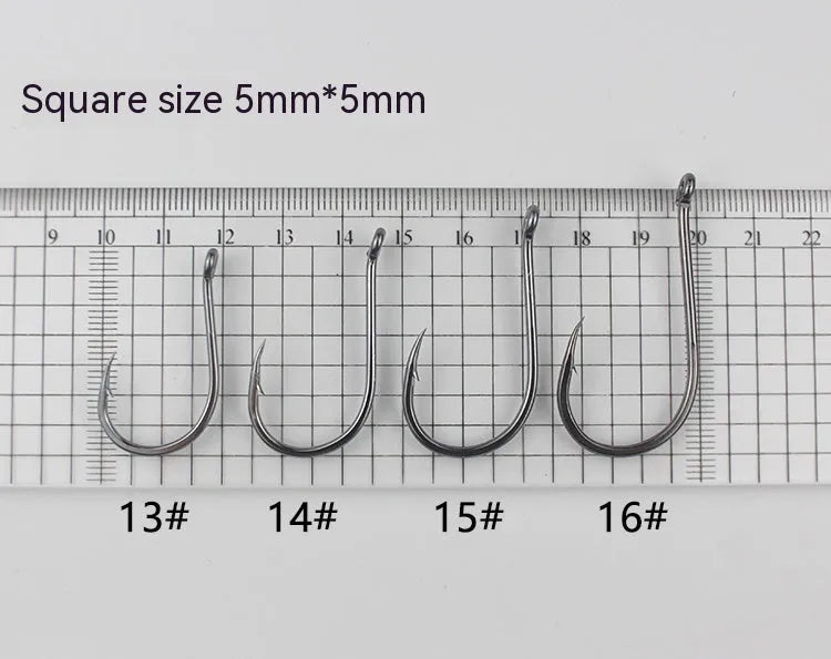 Bulk pack of barbed fishing hooks in various sizes on a blue background, showing crooked mouth and hole ring design.
