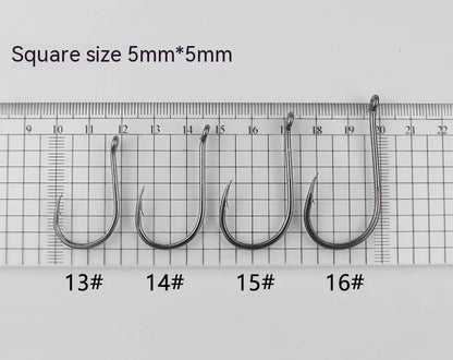 Bulk pack of barbed fishing hooks in various sizes on a blue background, showing crooked mouth and hole ring design.