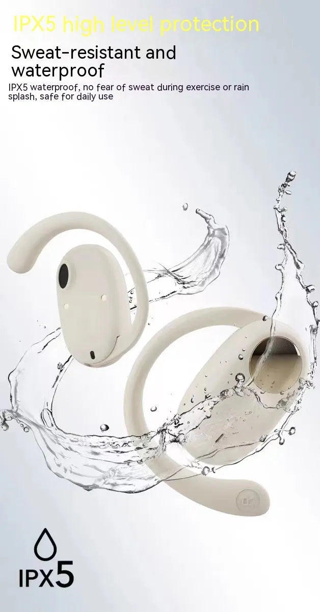 Bone conduction ear hook sports headset in black, white, or skin colour with 10m range and 8+ hour battery
