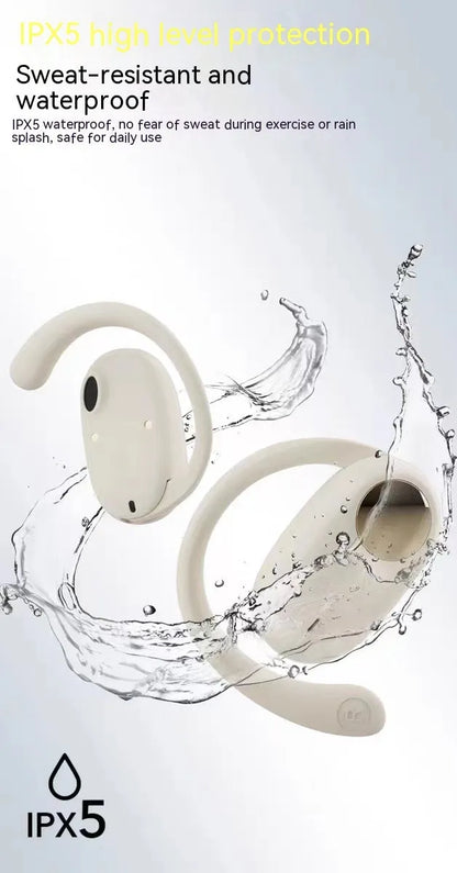 Bone conduction ear hook sports headset in black, white, or skin colour with 10m range and 8+ hour battery