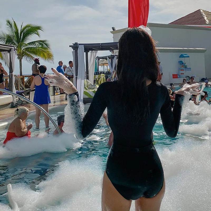 Black solid colour women's one-piece swimsuit made from nylon fabric for sun protection