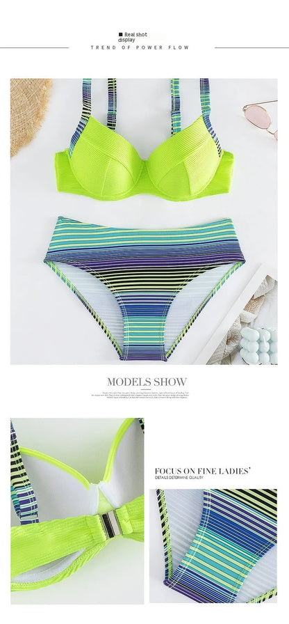 Green printed halter bikini for women with split-style briefs