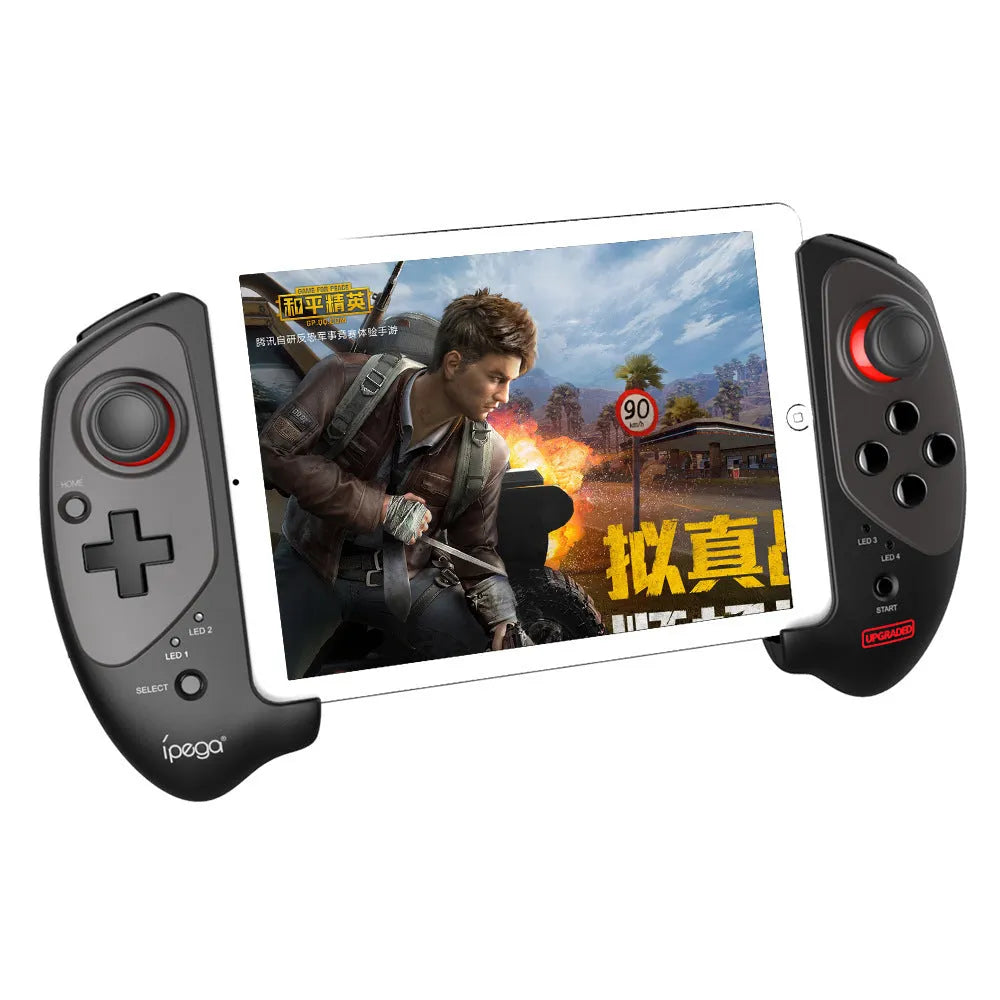 Red telescopic Bluetooth gamepad extended with smartphone mounted between controls