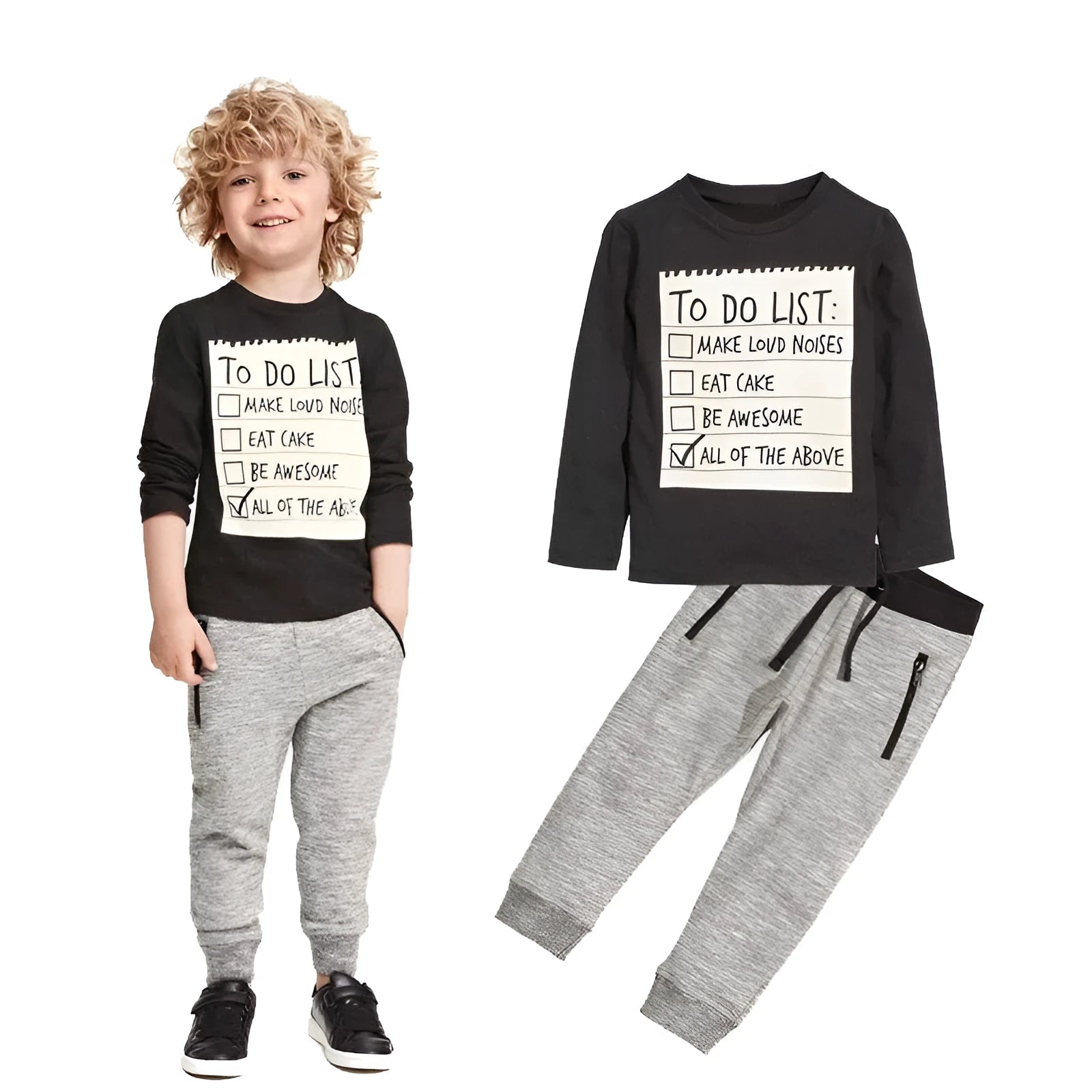Boys cotton casual clothing set with long sleeve t-shirt and pants in letter pattern