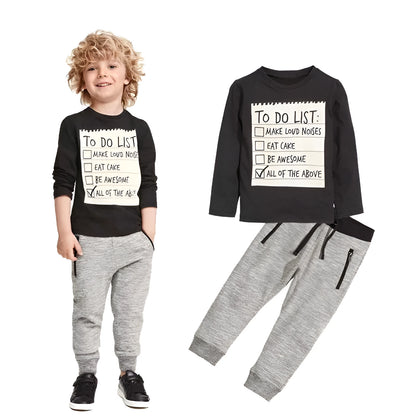 Boys cotton casual clothing set with long sleeve t-shirt and pants in letter pattern