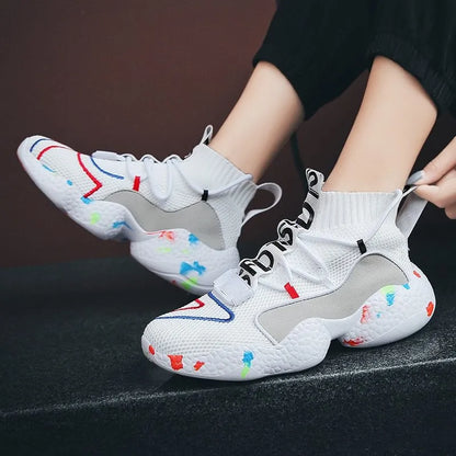Men's camouflage pattern mesh sneakers with rubber sole, showing striped design and flat base for running