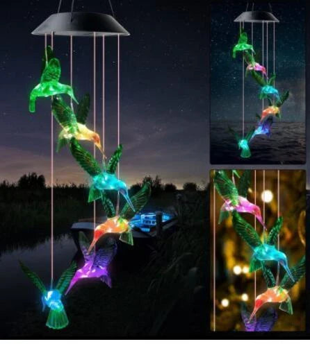 Color-changing solar-powered outdoor wind chime with hummingbird and butterfly design for patio, yard, and garden decor