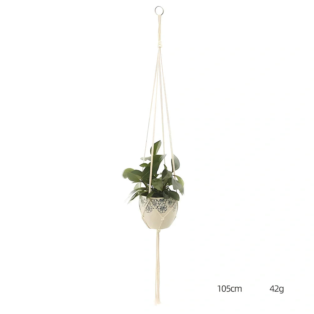 Hand-knitted cotton flowerpot net bag showing intricate pattern and hanging installation with plant