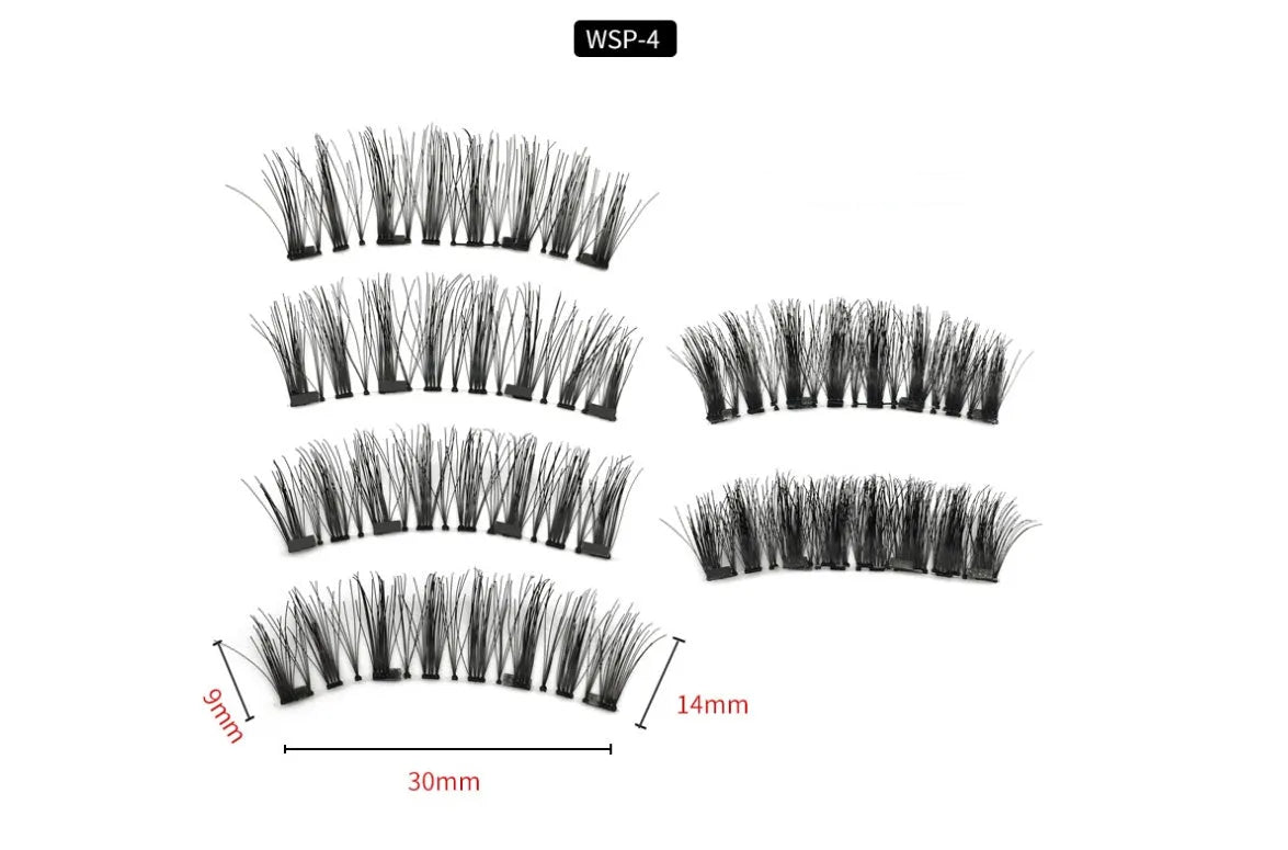 Four magnet false eyelashes in imported fibre with hand made construction and optional eyelash curler