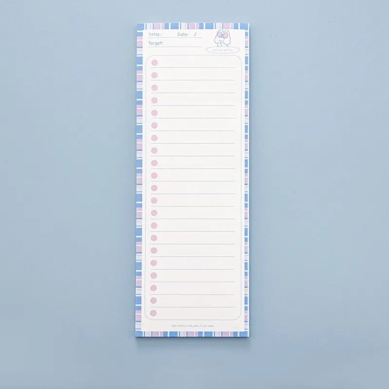 Student notepad with sticky notes in plastic box, showing cartoon bear or bunny cover designs