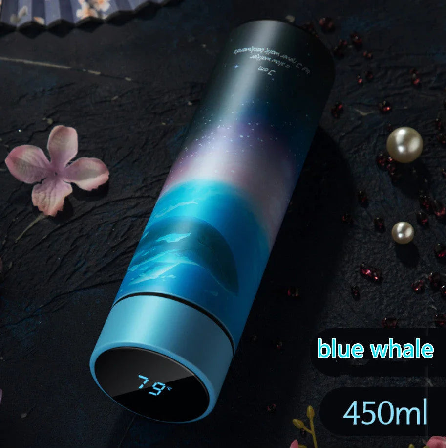 Sleek stainless steel vacuum flask with LED temperature display in various colors and capacities