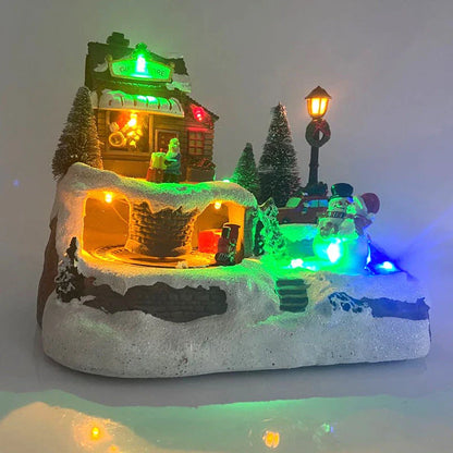 Illuminated Christmas village house with rotating Santa, Snowman, and Christmas tree decorations and playing holiday music