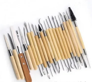 27-piece pottery clay tool set with stainless steel, wood, and plastic tools in an OPP storage bag.