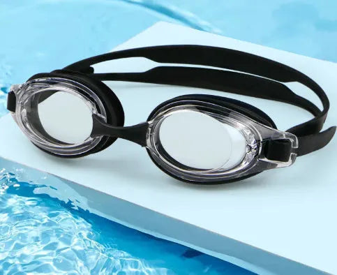 HD waterproof non-fogging swimming goggles in black, available in plain or myopia corrective versions with a case.