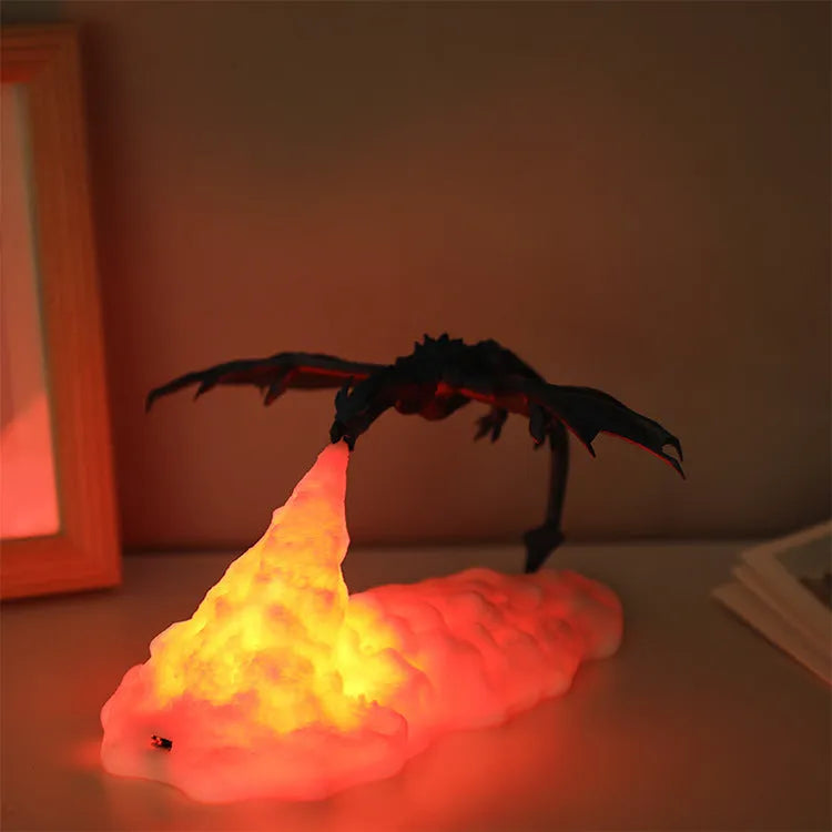 3D printed dragon-shaped LED lamp with USB charging cable, available in fire or ice dragon colours