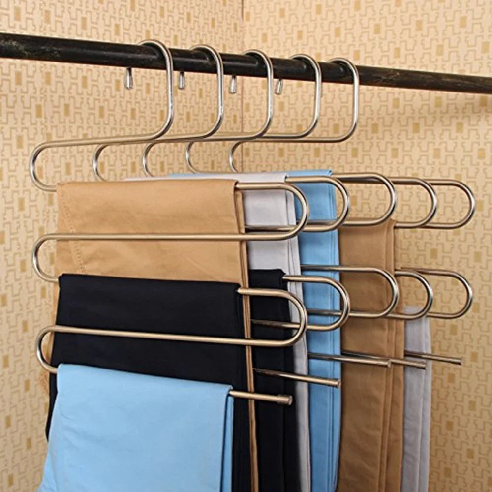 Adjustable 5-Tier Pants Rack in stainless steel with non-slip coating for space-saving closet organization