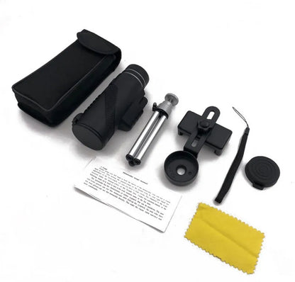 Black HD 40x60 monocular telescope with smartphone attached, showing 40x magnification and compact design.