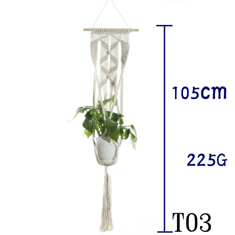 Handmade beige cotton rope net bag holding a plant pot, showing its textured sling design.