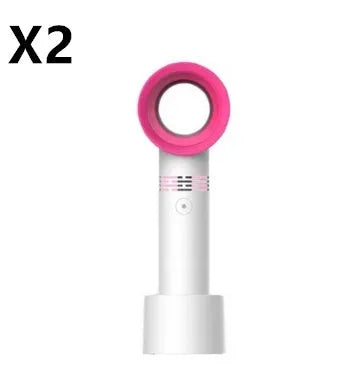 Portable bladeless fan with USB cable and base, showing compact design and bladeless airflow