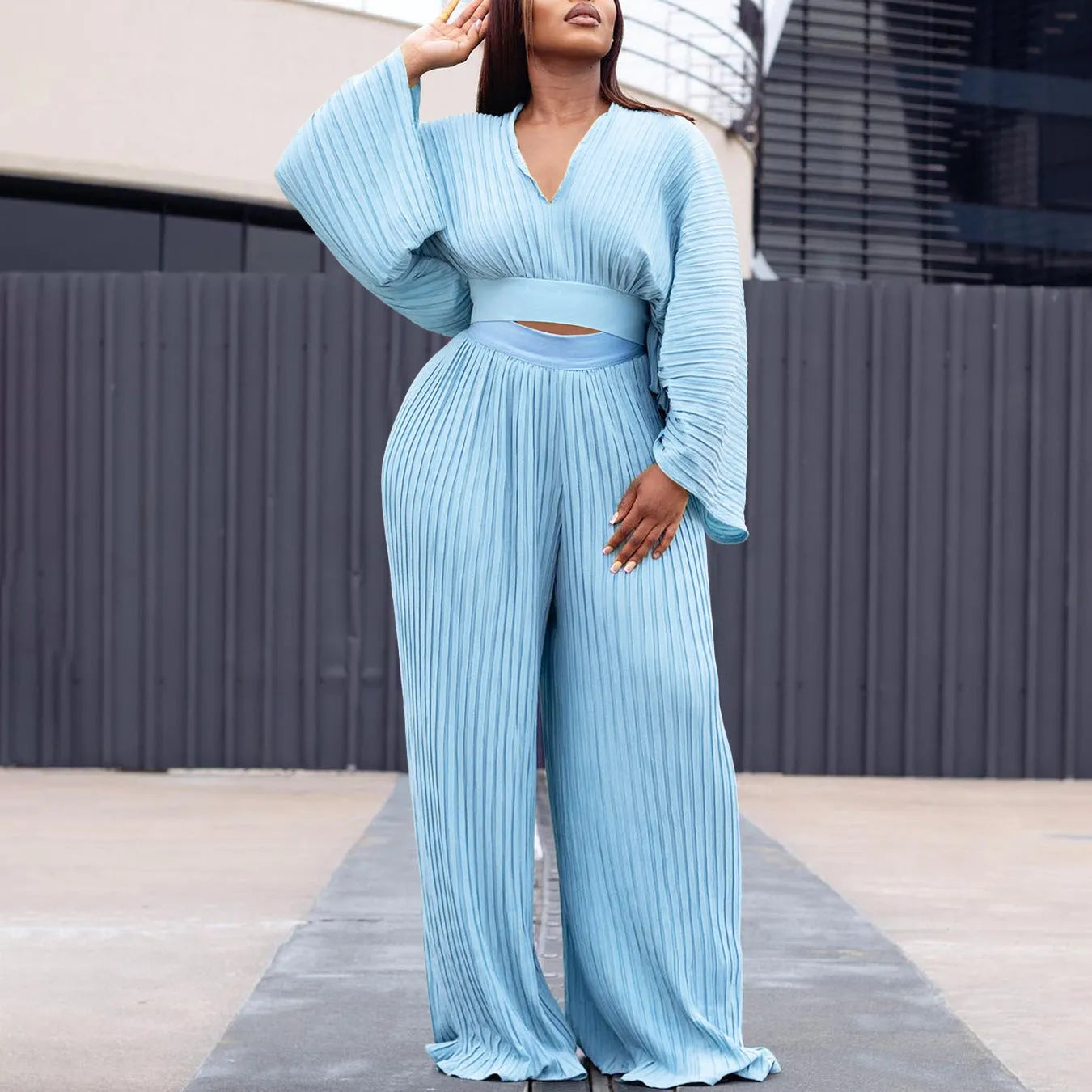 African suit two-piece set with batwing sleeve top and wide leg trousers in sapphire blue
