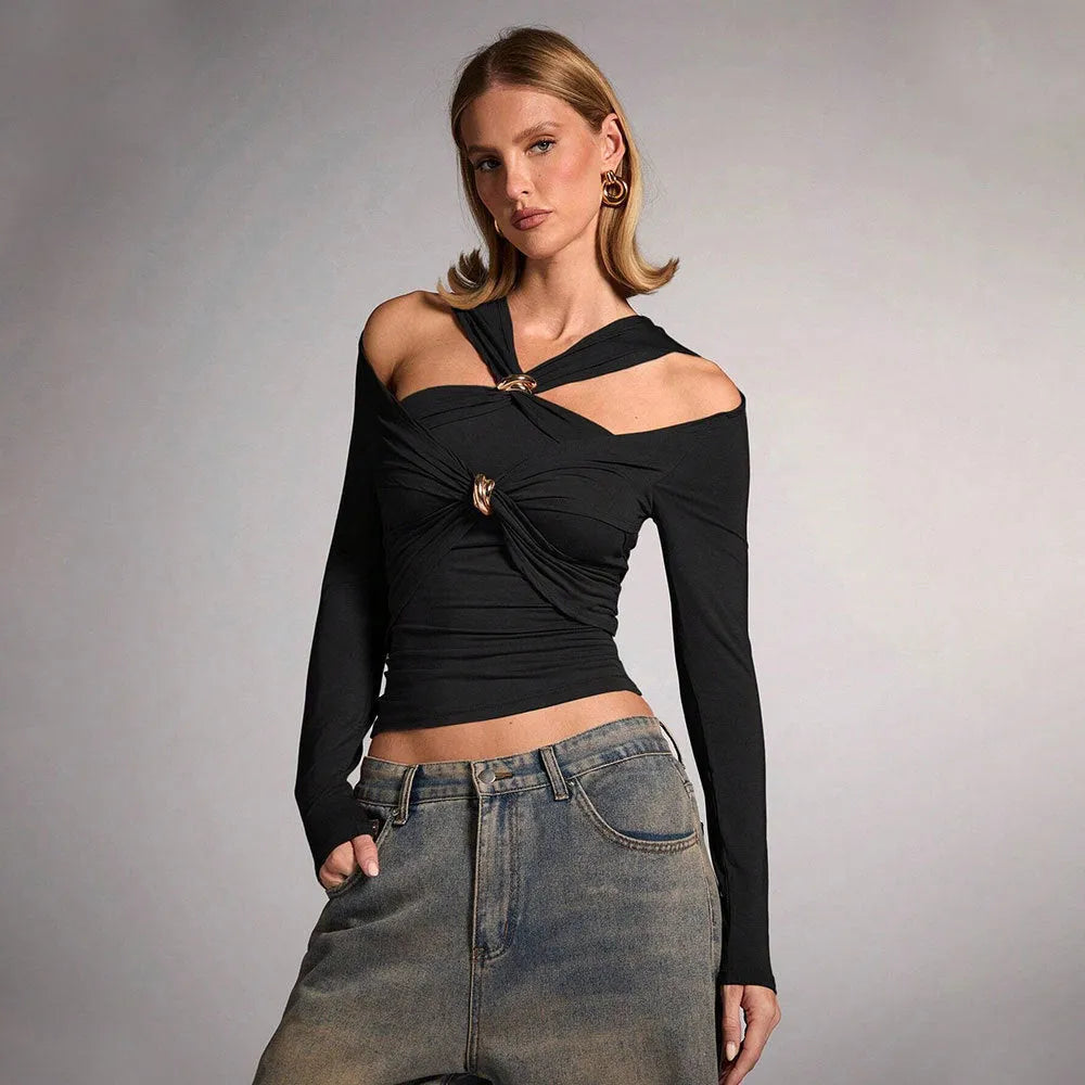 Black women's halter top with strapless design and long sleeves showing slim fit silhouette