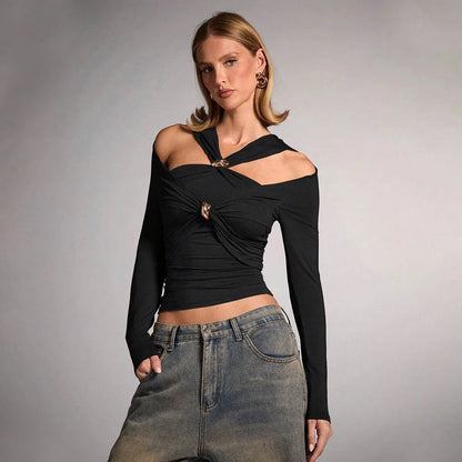 Black women's halter top with strapless design and long sleeves showing slim fit silhouette