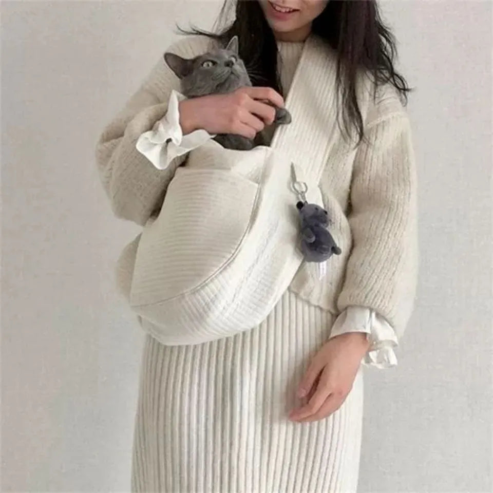 Handmade white canvas pet carrier shoulder bag for small dog or cat, sizes S and L