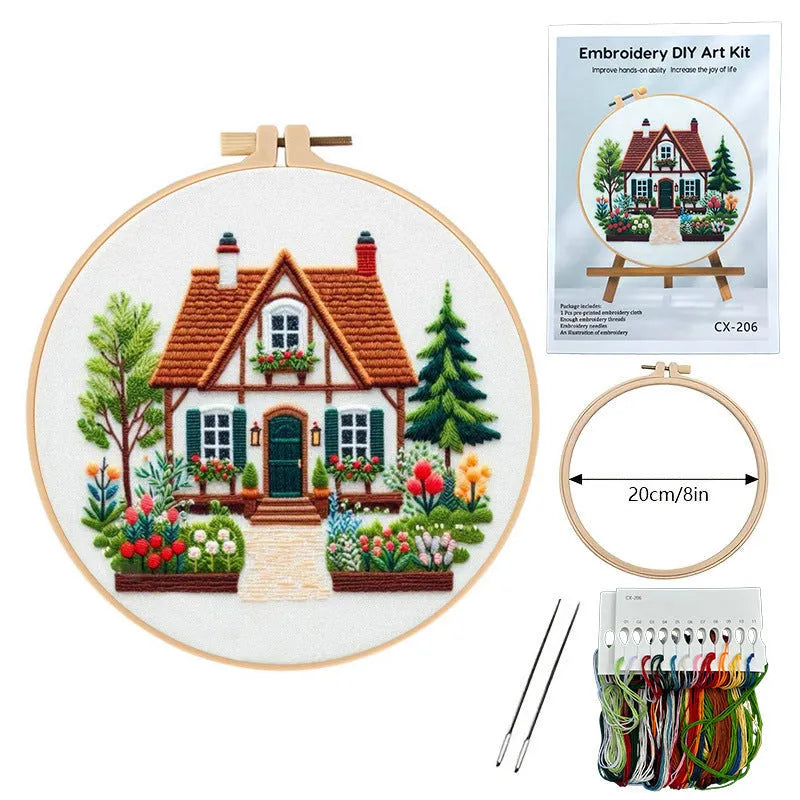 Garden Cottage embroidery fabric package with 28x28cm cotton linen cloth showing landscape pattern