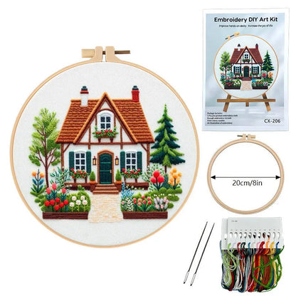 Garden Cottage embroidery fabric package with 28x28cm cotton linen cloth showing landscape pattern