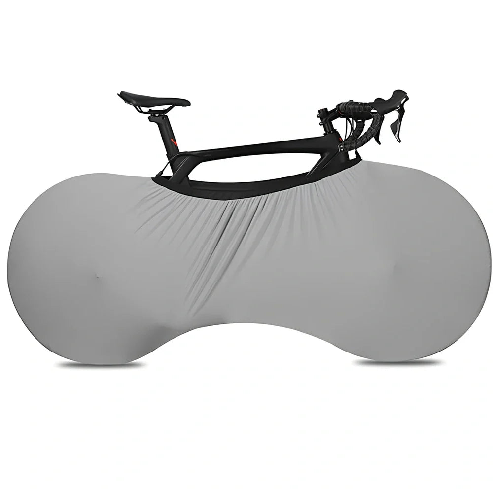 Black polyester-spandex bicycle wheel dust cover, 149cm length, adjustable 48-58cm height for 24-29 inch wheels