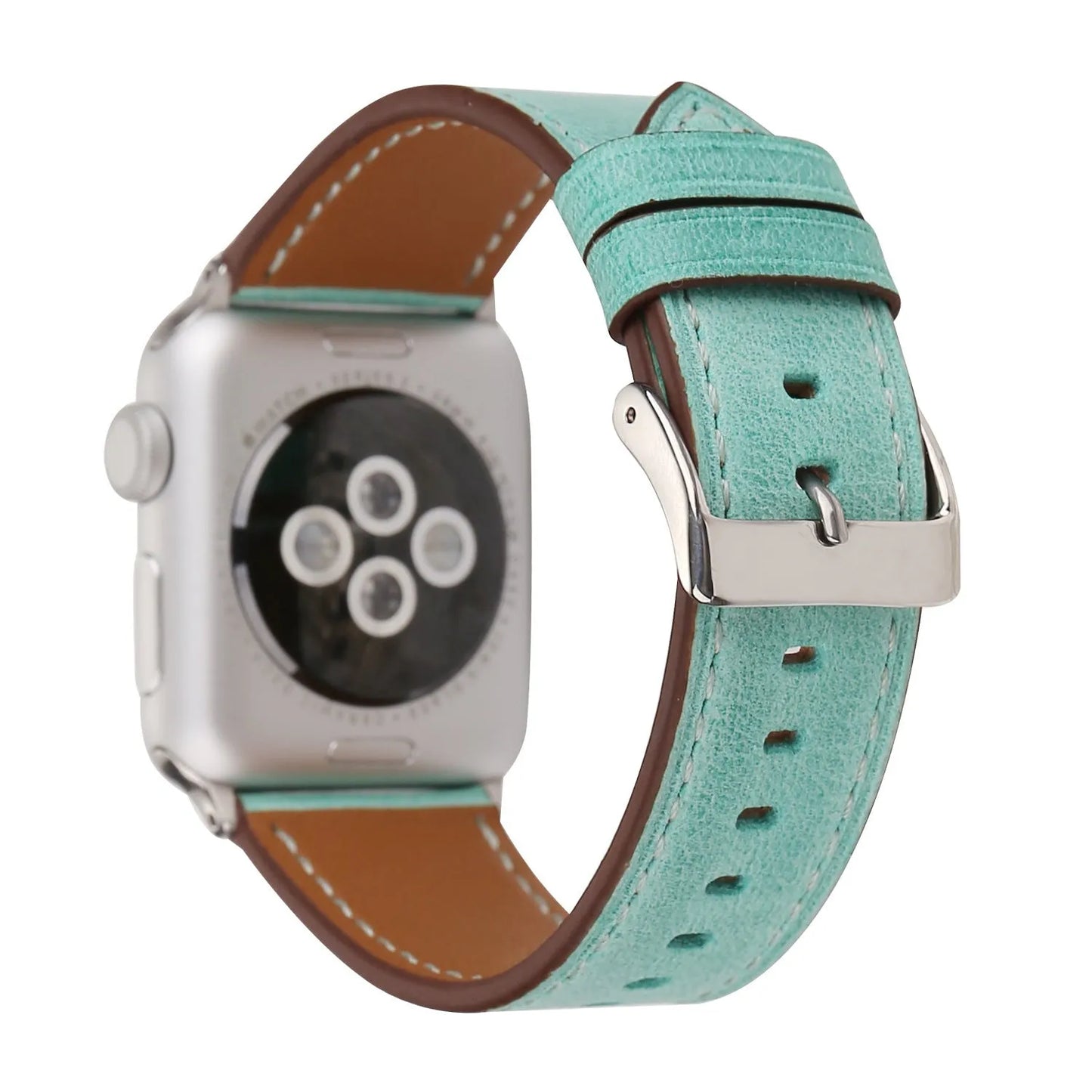 Leather watch strap with a folding buckle in blue, shown next to brown, green, orange, pink, and yellow colour options.