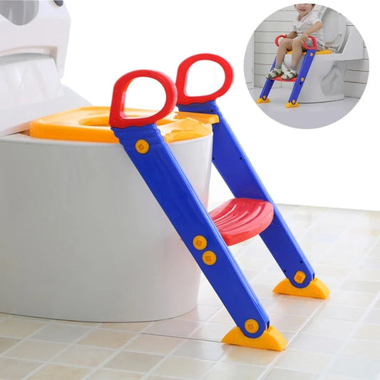 Purple, red and yellow adjustable potty training chair with ladder folded to 7cm thickness showing double handrails