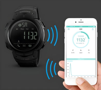 Men's black and army green Bluetooth smart watch with 50mm dial on PU strap.