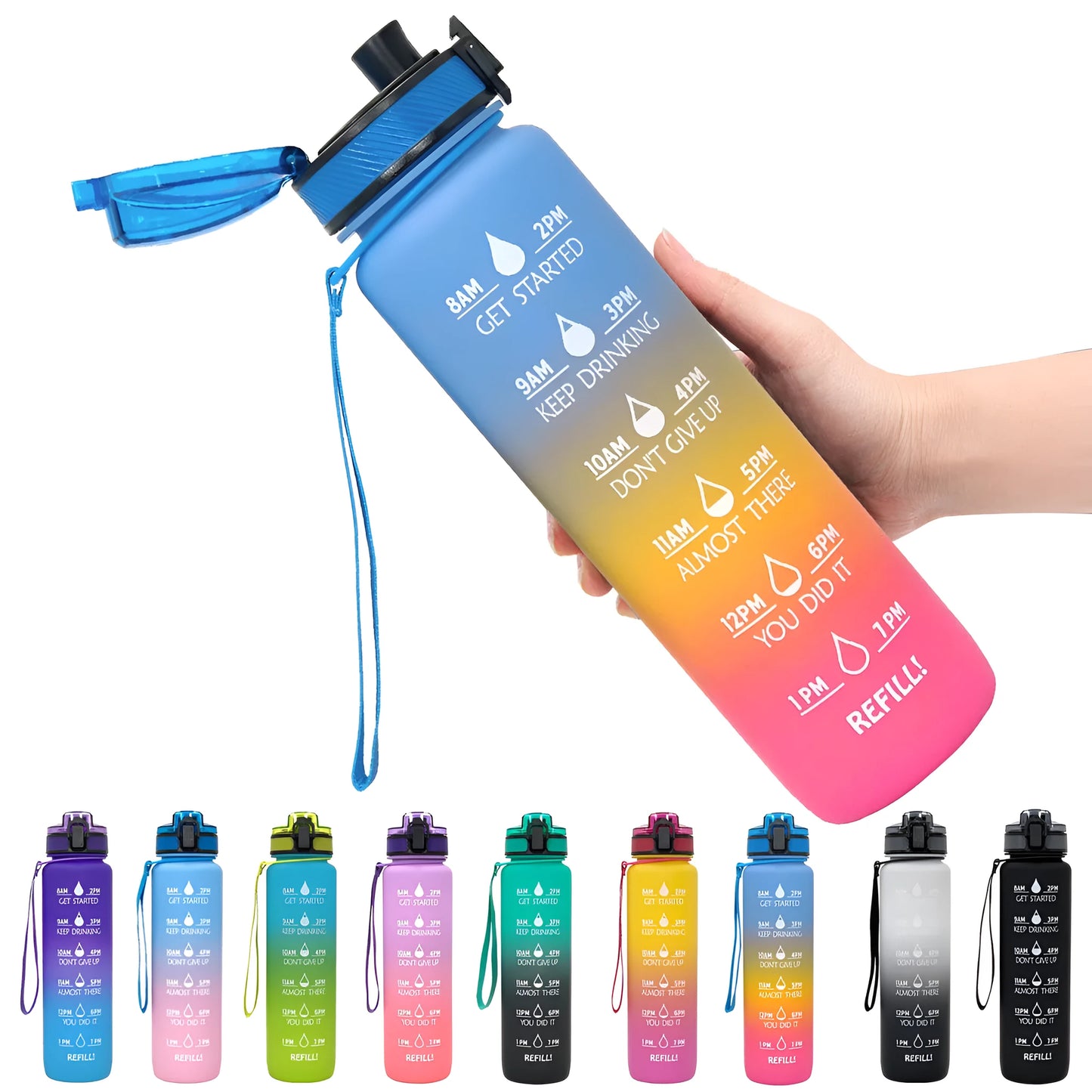 Blue and red gradient 1 litre Tritan sports water bottle with time markers and a flip-top lid.