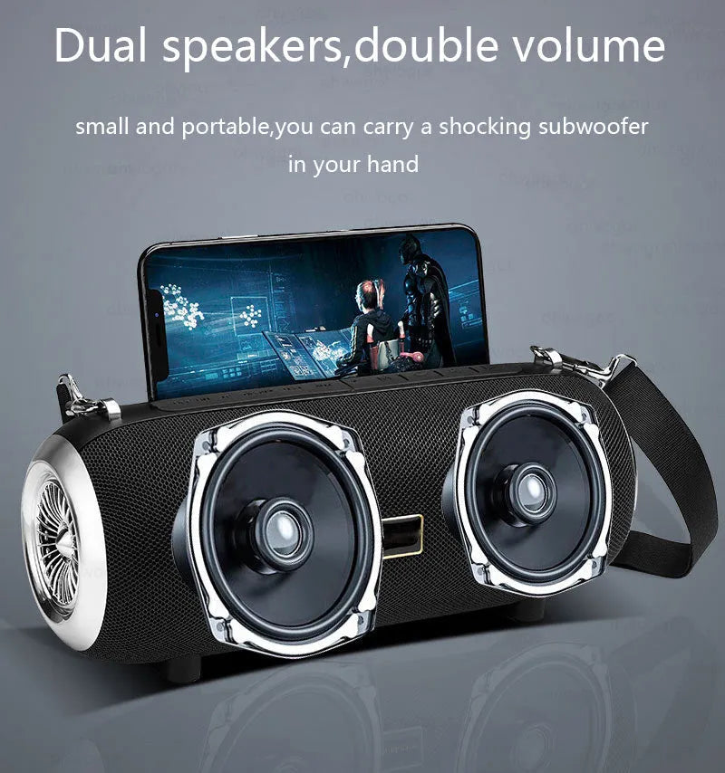 F666 portable mini Bluetooth speaker in fabric mesh with shoulder strap and extended FM antenna.