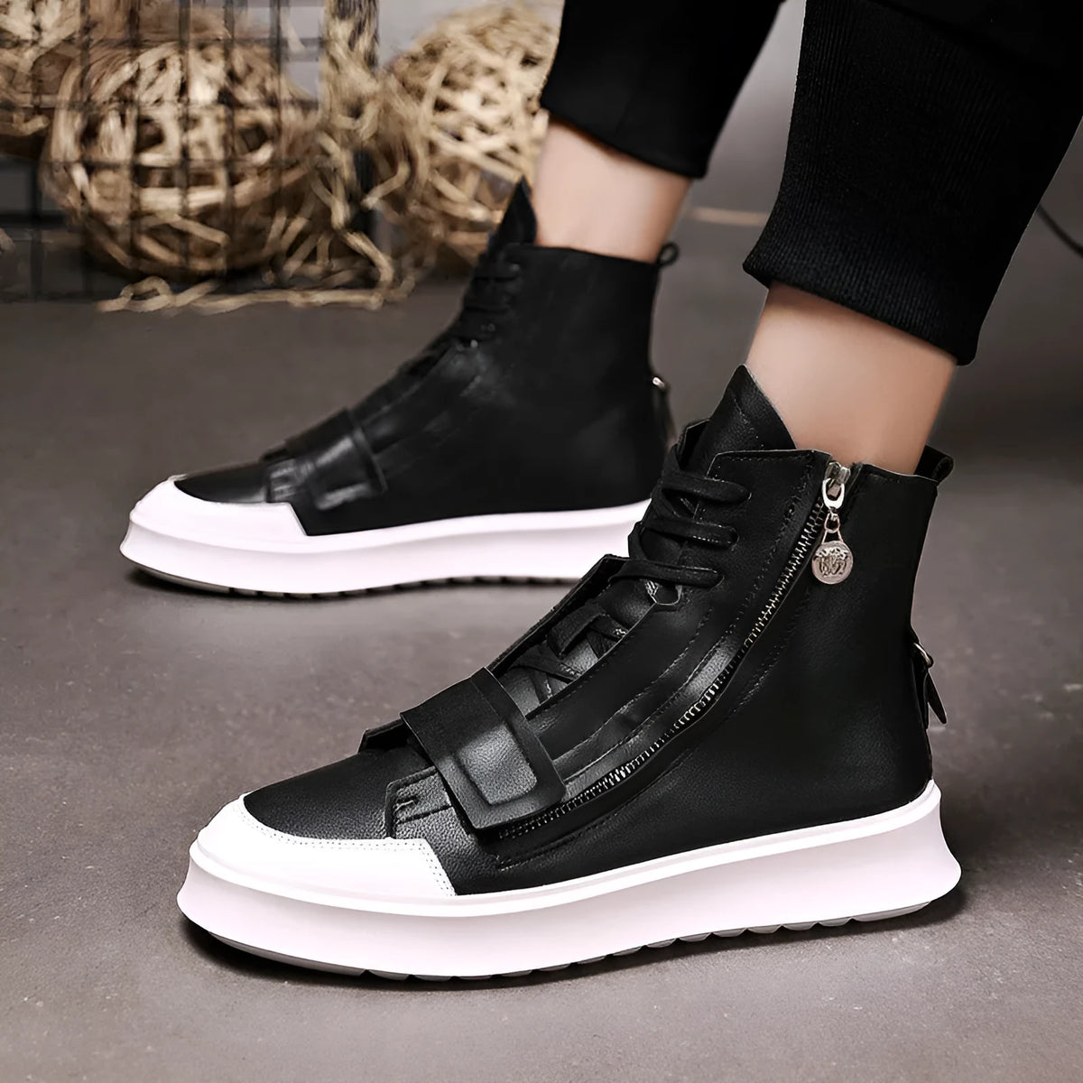 Men's black and white PU leather ankle boots in high-top sneaker style with microfiber upper, sizes 38-43