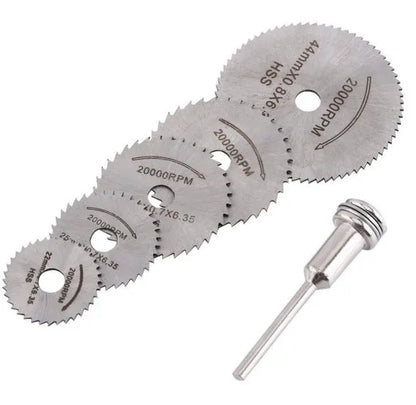 Six circular saw blades and a mandrel on a white background
